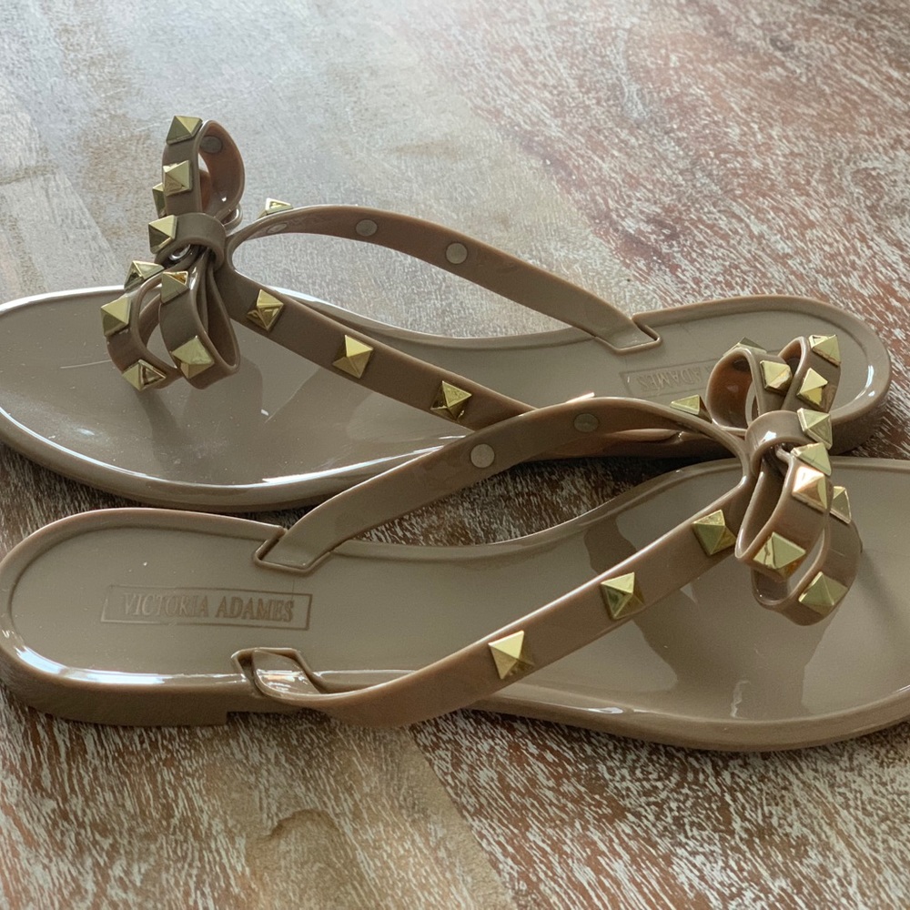Victoria Adames Dark Nude Studded Bow Sandals
